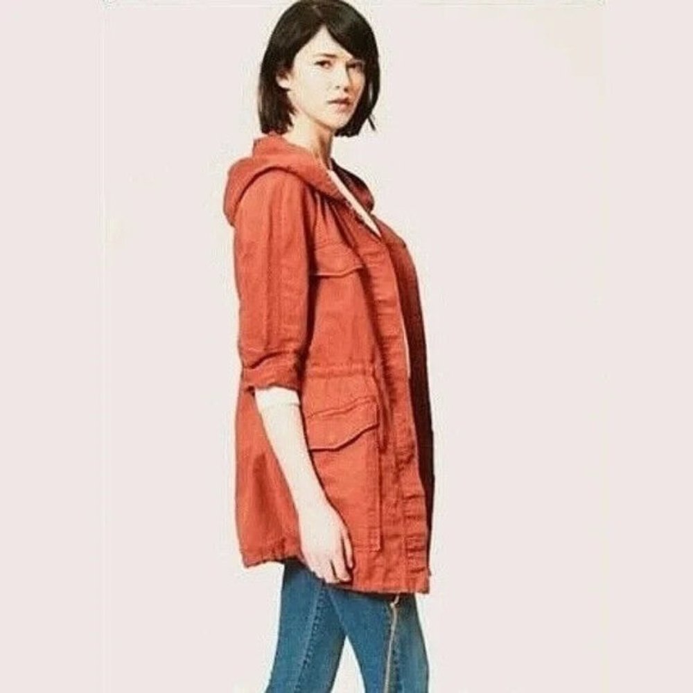 LOFT Anorak Jacket Utility Orange Hood Full Zip Button Linen Blend - Picture 2 of 10